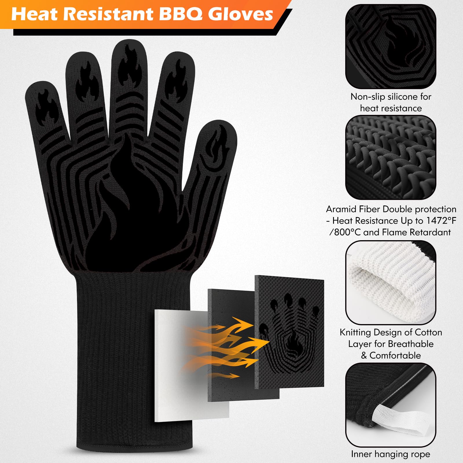 Bbq Gs, 1472 F Heat Resistant Fireproof Mitts, Silicone Non Slip Washable Oven Kitchen Gs For Barbecue, Grilling, Cooking, Baking, Camping, Smoker Black Black Polyester