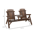 Outsunny 2 Seat Wooden Adirondack Chair, Patio Bench With Table, Outdoor Loveseat Fire Pit Chair For Porch, Backyard, Deck, Carbonized Brown Wood