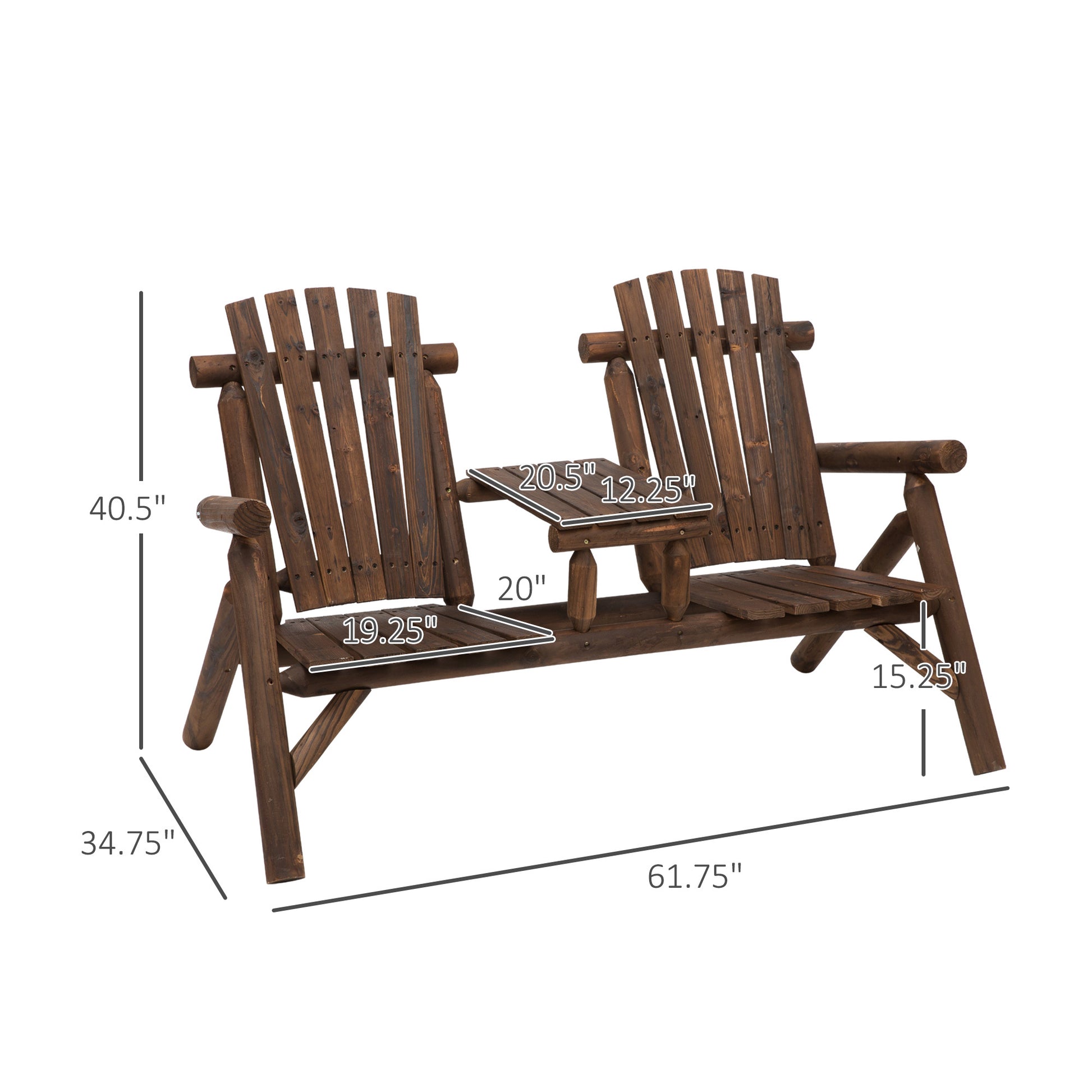 Outsunny 2 Seat Wooden Adirondack Chair, Patio Bench With Table, Outdoor Loveseat Fire Pit Chair For Porch, Backyard, Deck, Carbonized Brown Wood