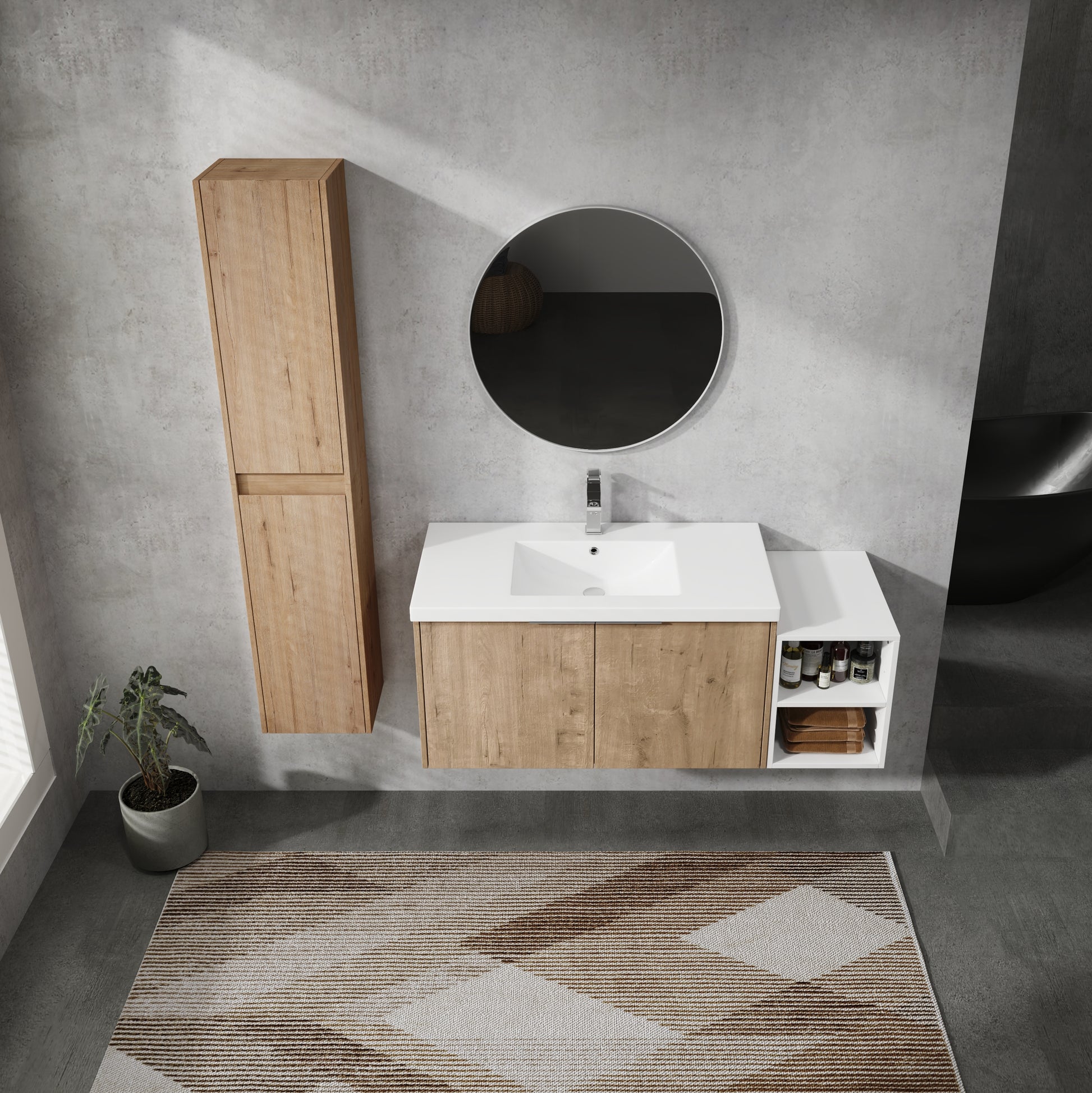 48" Wall Mounted Bathroom Vanity With Sink And Side Cabinet, Soft Close Doors,00112Imox2 0636Imo 0612Gwh Combination Cabinet Kd Packing Imitative Oak Bathroom Modern Plywood Plywood