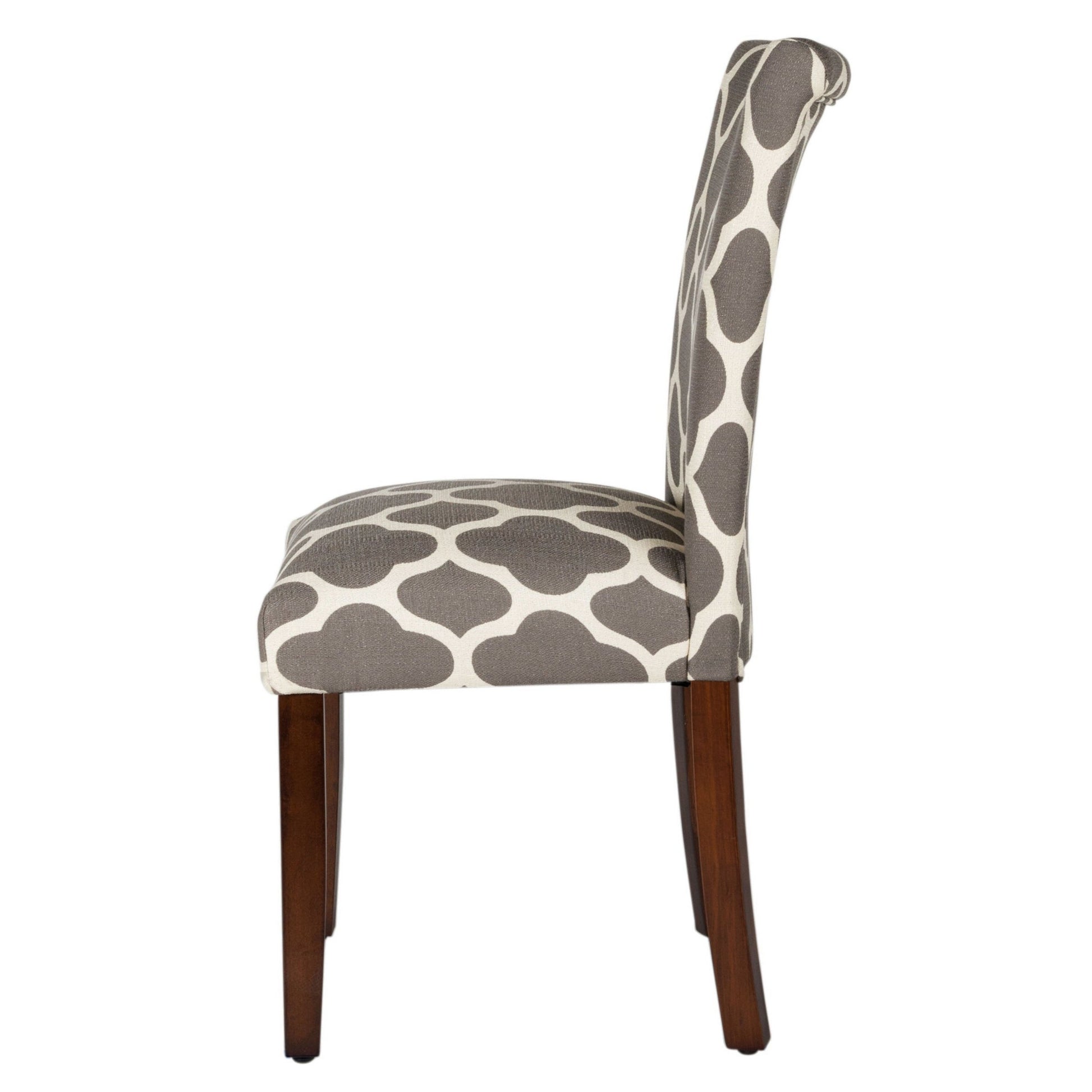 Wooden Parson Dining Chair With Quatrefoil Pattern Fabric Upholstery, Gray And White, Set Of Two Grey White Wood Fabric