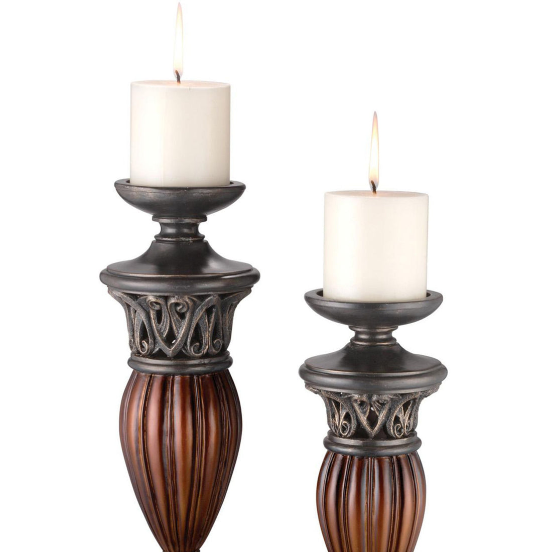 13" And 16" Tall Polyresin Candleholder, Bronze Roman Design Set Of 2 Bronze Polyresin