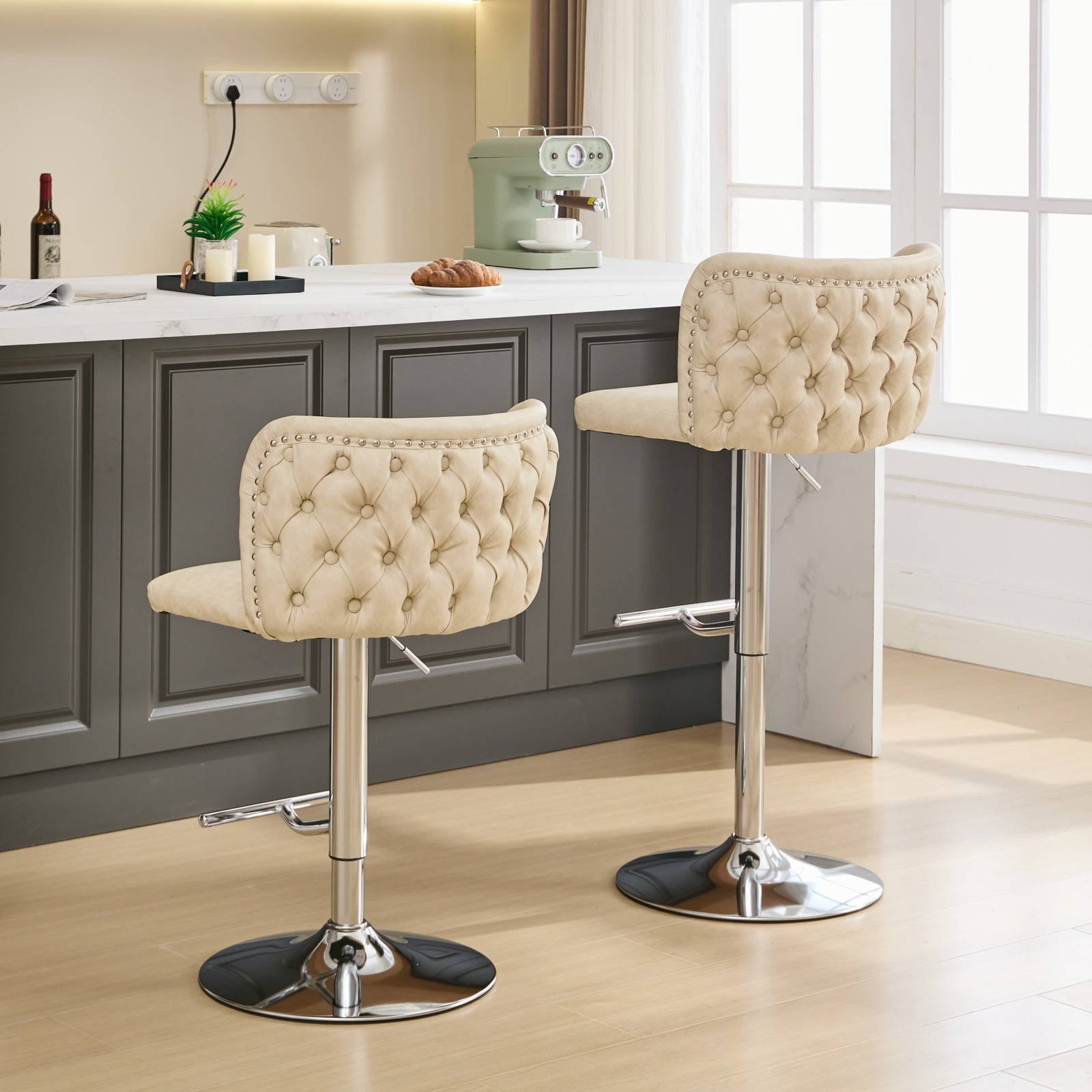 Swivel Barstools Adjusatble Seat Height With Chrome Base, Modern Pu Upholstered Bar Stools With The Whole Back Tufted, For Home Pub And Kitchen Island,Beige, Set Of 2 Beige American Design Bar Stools Set Of 2 Foam Pu Leather