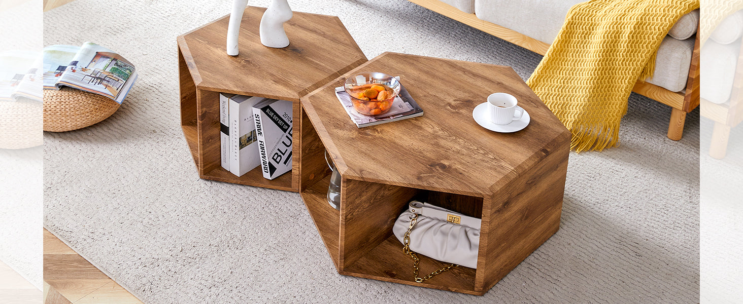 Modern Minimalist Wood Color Hexagonal Coffee Table Set.Hexagonal Mdf Coffee Table, Characteristic Pattern Stickers, Multi Hole Design To Give More Storage Space.Two Coffee Tables Of Different