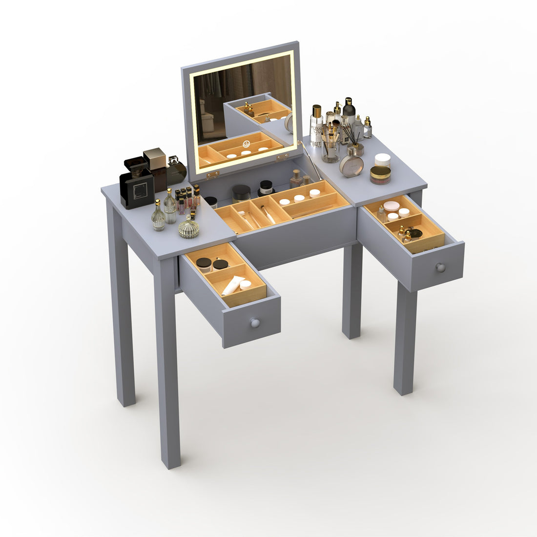 Sleek Grey Vanity Table With Led Lights, Flip Top Mirror And 2 Drawers, Jewelry Storage For Women Dressing Grey 2 Drawers Mdf