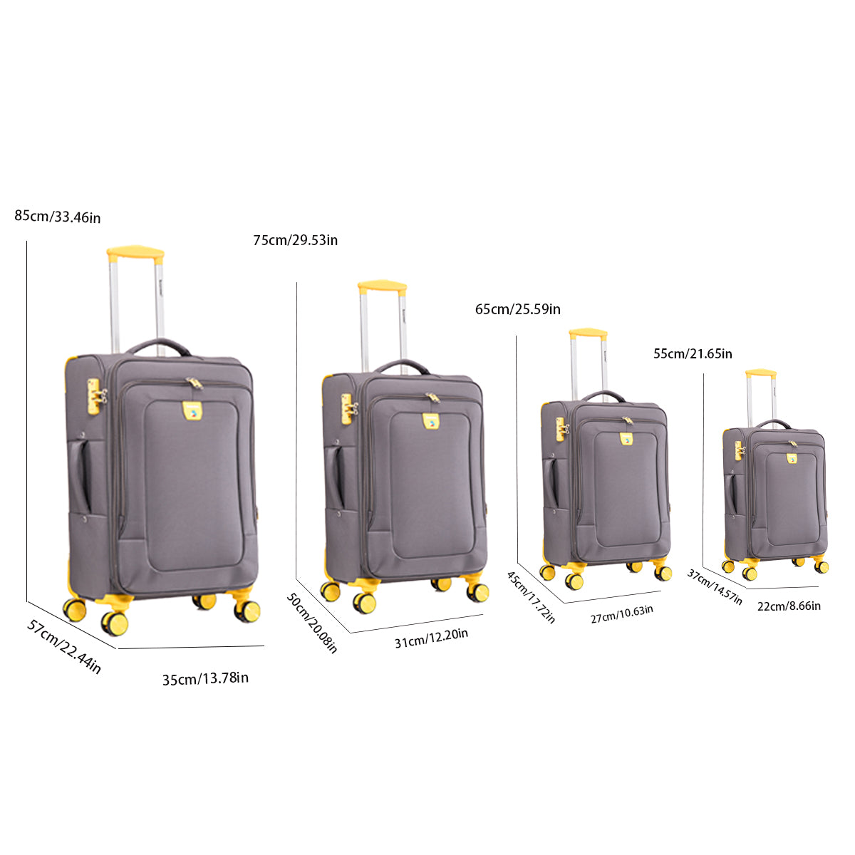 Four Piece Fabric Luggage Set, Expandable Suitcase For Travel, School And Business Trip 20 24 28 32In Yellow Grey Fabric