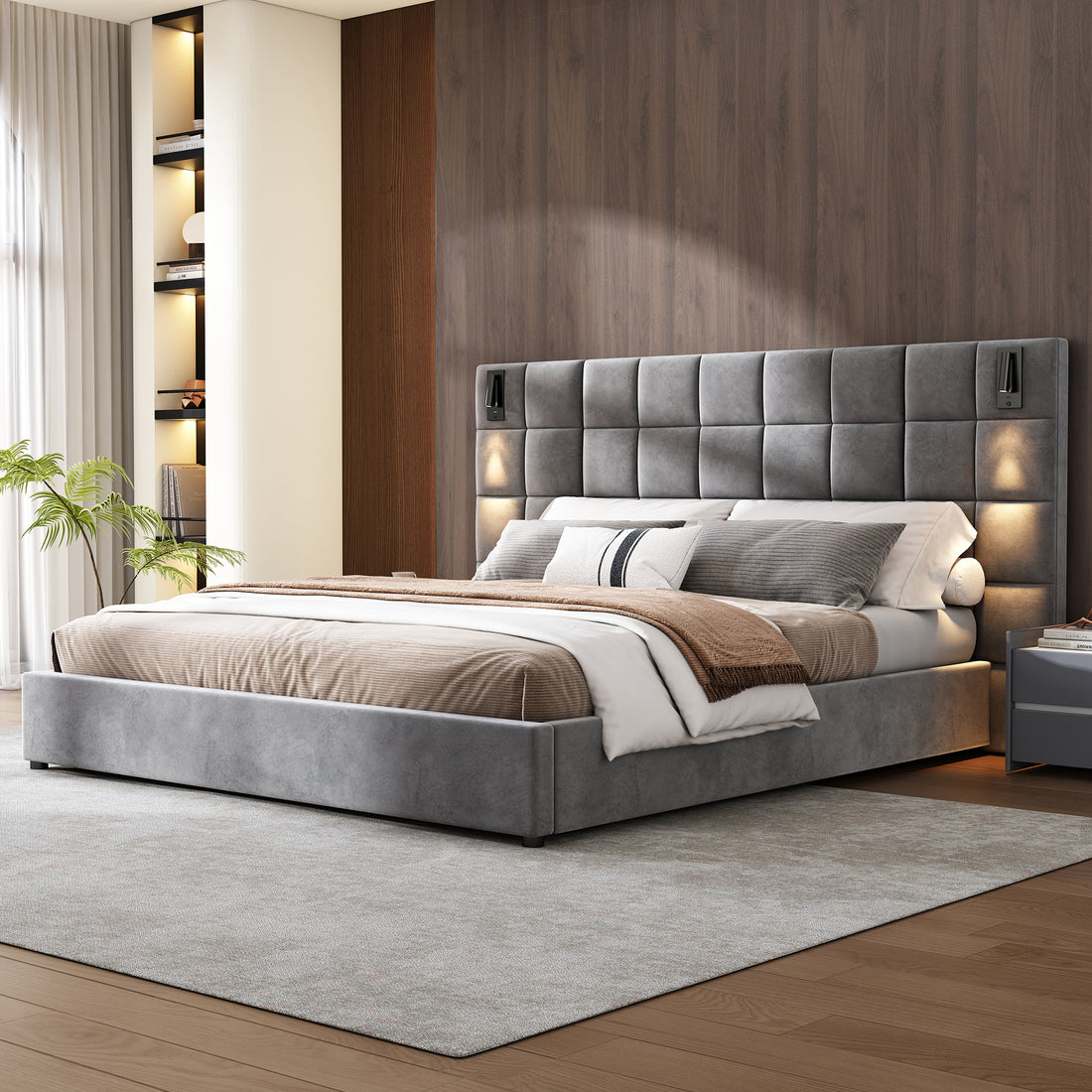 Upholstered King Bed,With Reading Lamp And Usb Port, Wide Headboard,Without Bedside Tables And Mattress, Velvet, Grey King Grey Wood Foam,Upholstered,Velvet