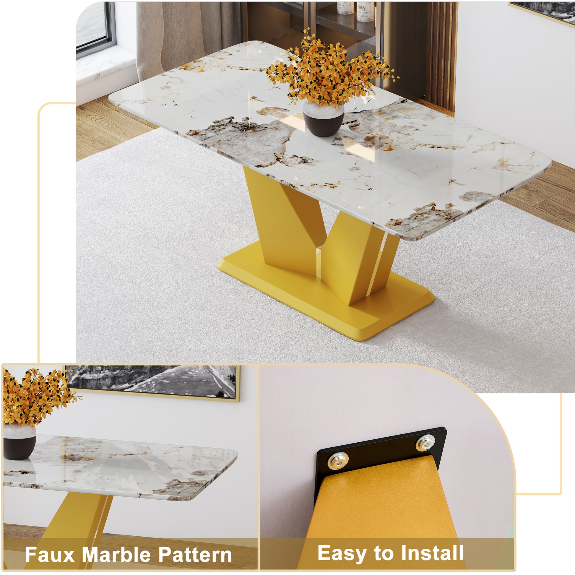 Modern Minimalist Rectangular Dining Table, 0.4 "Thick, Imitation Marble Patterned Glass Tabletop, Gold Mdf Legs. "71" * 35.4" *30" Gold Mdf Glass