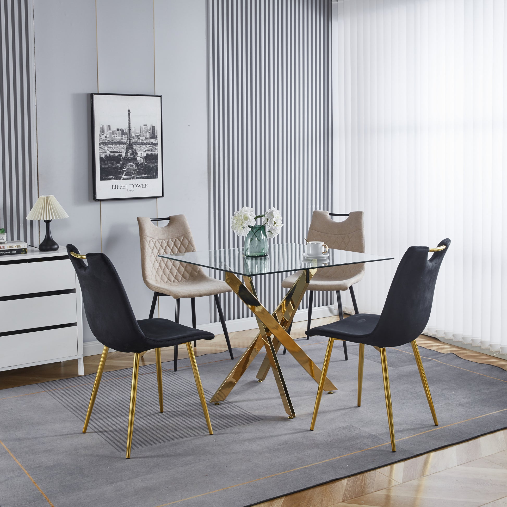 Dining Table With Cross Metal Leg And Tempered Glass,Modern Space Saving Kitchen Table For Living Room,Chrome Legs,Square Table,Golden Legs,90X90X75Cm Golden Glass Metal