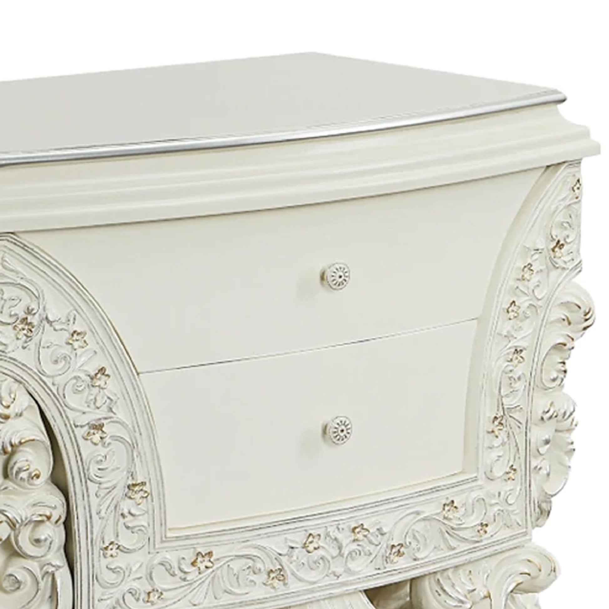 Rox 40 Inch Classic Ornate Carved Nightstand With 2 Drawer, Wood, White White Wood