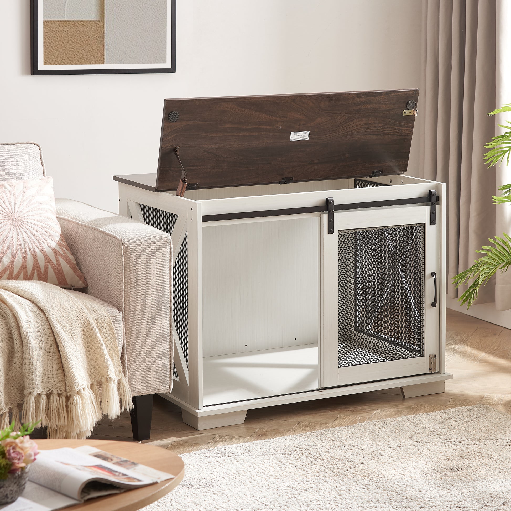 Farmhouse Dog Cage Crate Furniture With Sliding Barn Door, Farmhouse Wooden Dog Kennel End Table With Flip Top Plate Dog House With Detachable Divider For Small Medium Large Dog White White Mdf Metal