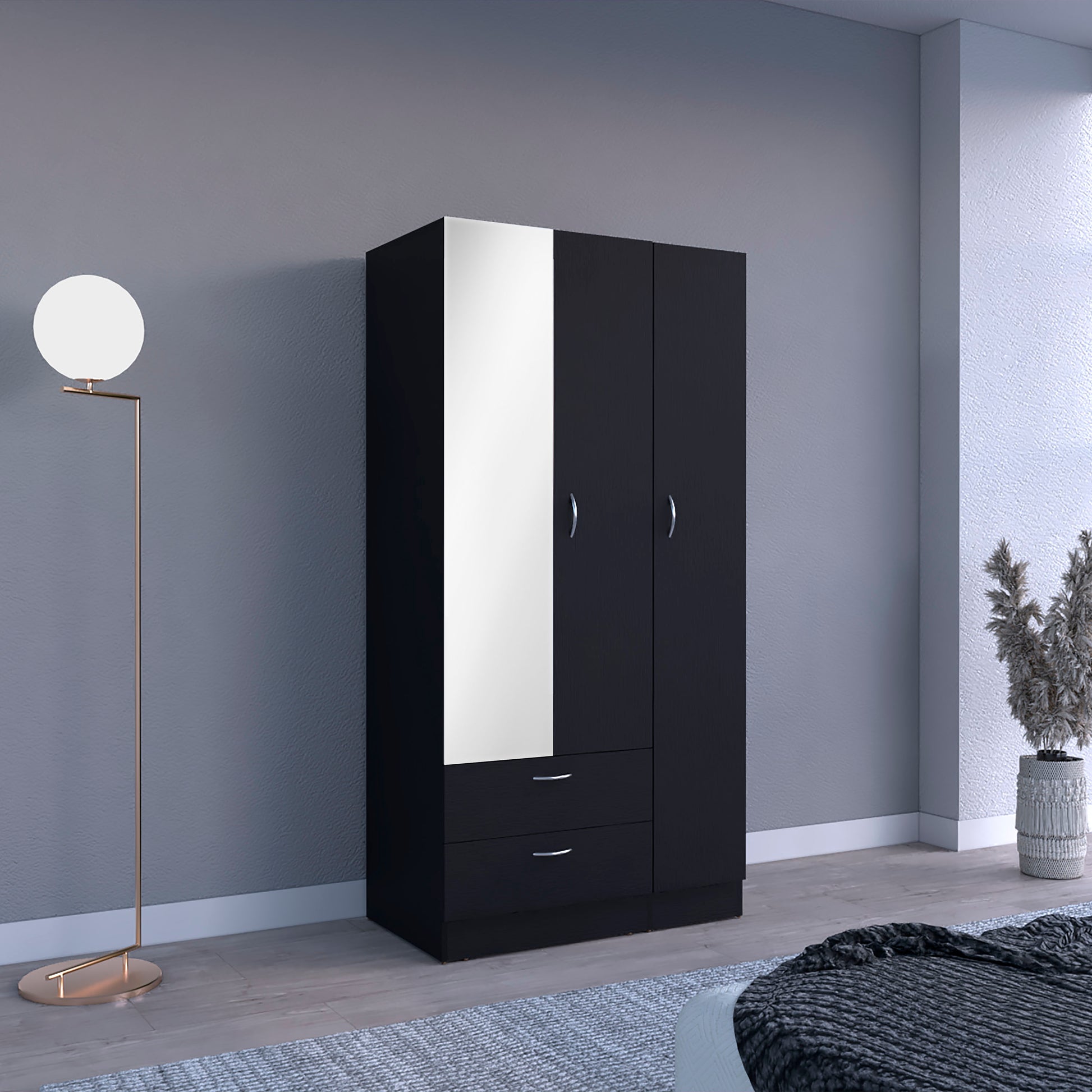 Riverside 3 Door Mirrored Armoire With Two Drawers, Four Shelves, And Hanging Rod Black Black Bedroom Particle Board