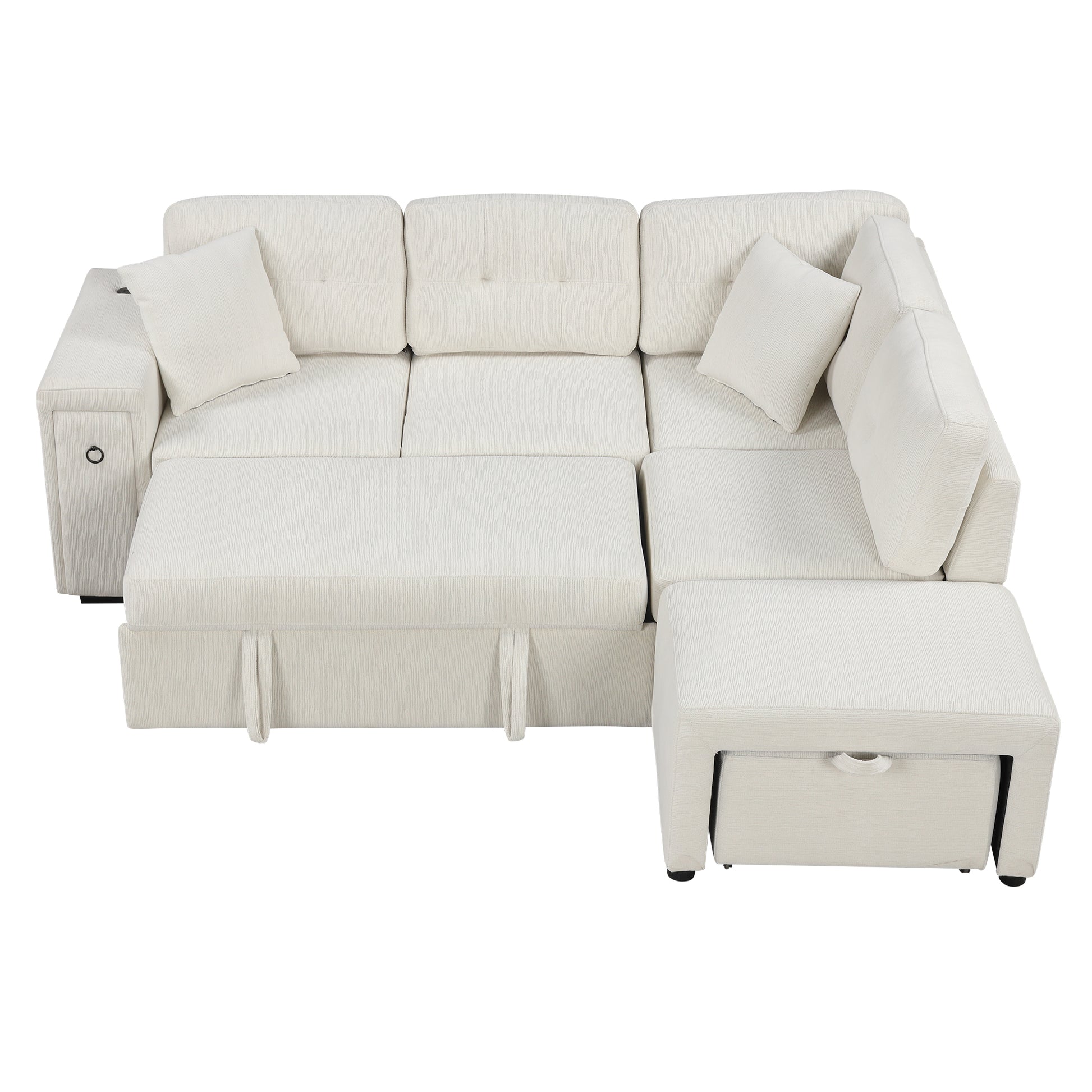 86.6" Sectional Sofa L Shaped Sofa Couch Pull Out Sofa Bed With A Movable Ottoman, Two Usb Ports And Two Cup Holders For Living Room, Beige Beige Foam Chenille 4 Seat