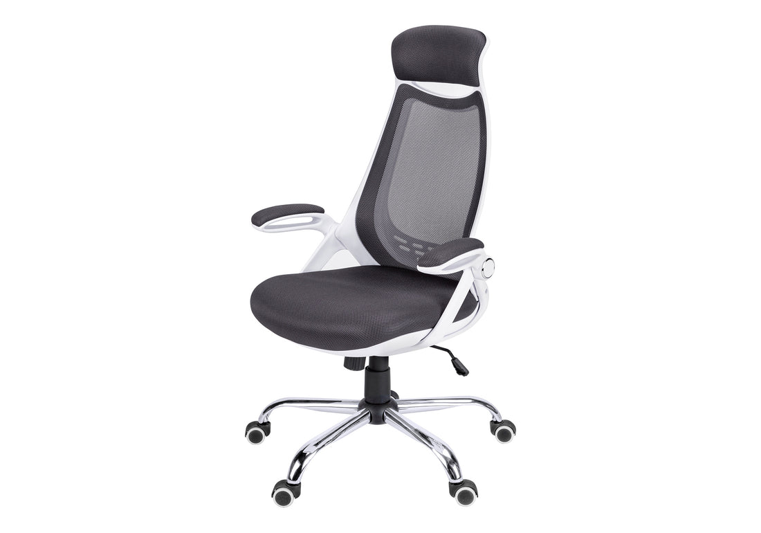 Office Chair, Adjustable Height, Swivel, Ergonomic, Armrests, Computer Desk, Work, Grey Mesh, Chrome Metal, Contemporary, Modern White Foam Polyester