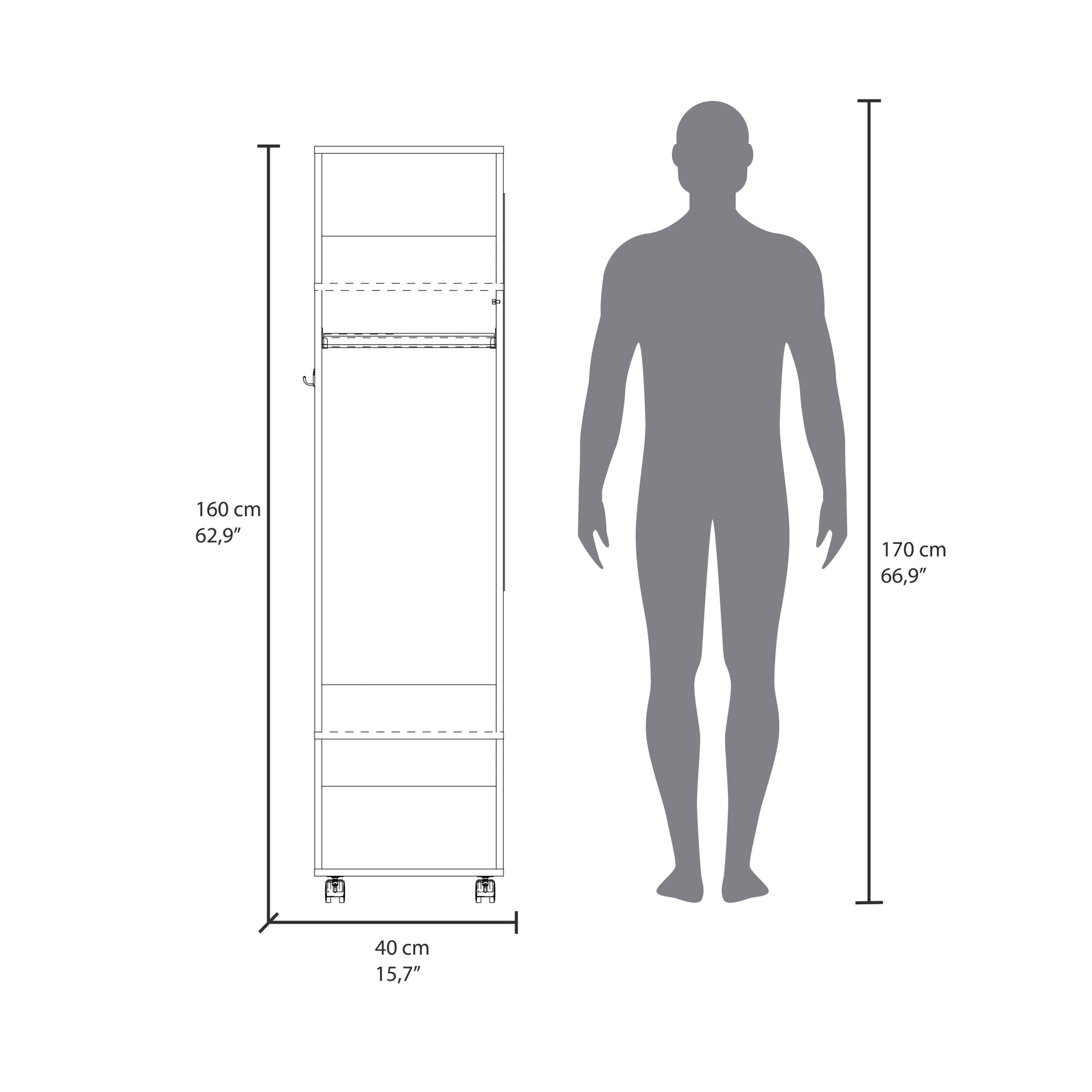 Cluster 63" Tall Wardrove One Door Cabinet With Mirror, Three Shelves, Casters And Hanging Rod, Armoire, Bedroom Clothes Storage, Cabinet Organizer White Particle Board