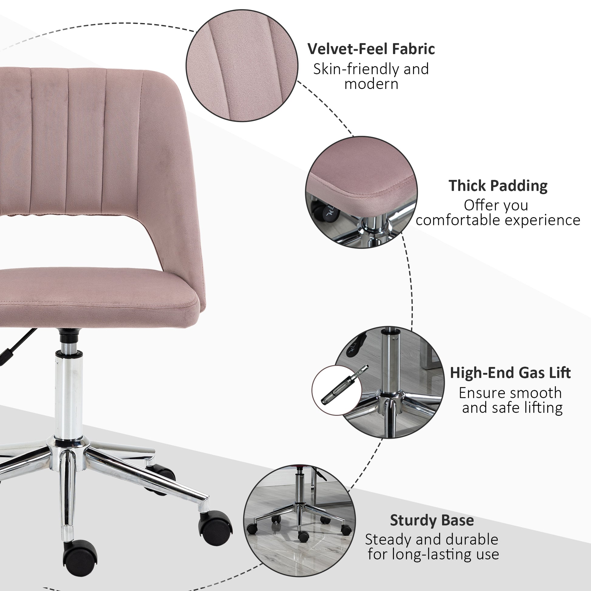 Vinsetto Modern Mid Back Office Chair With Velvet Fabric, Swivel Computer Armless Desk Chair With Hollow Back Design For Home Office, Pink Pink Polyester