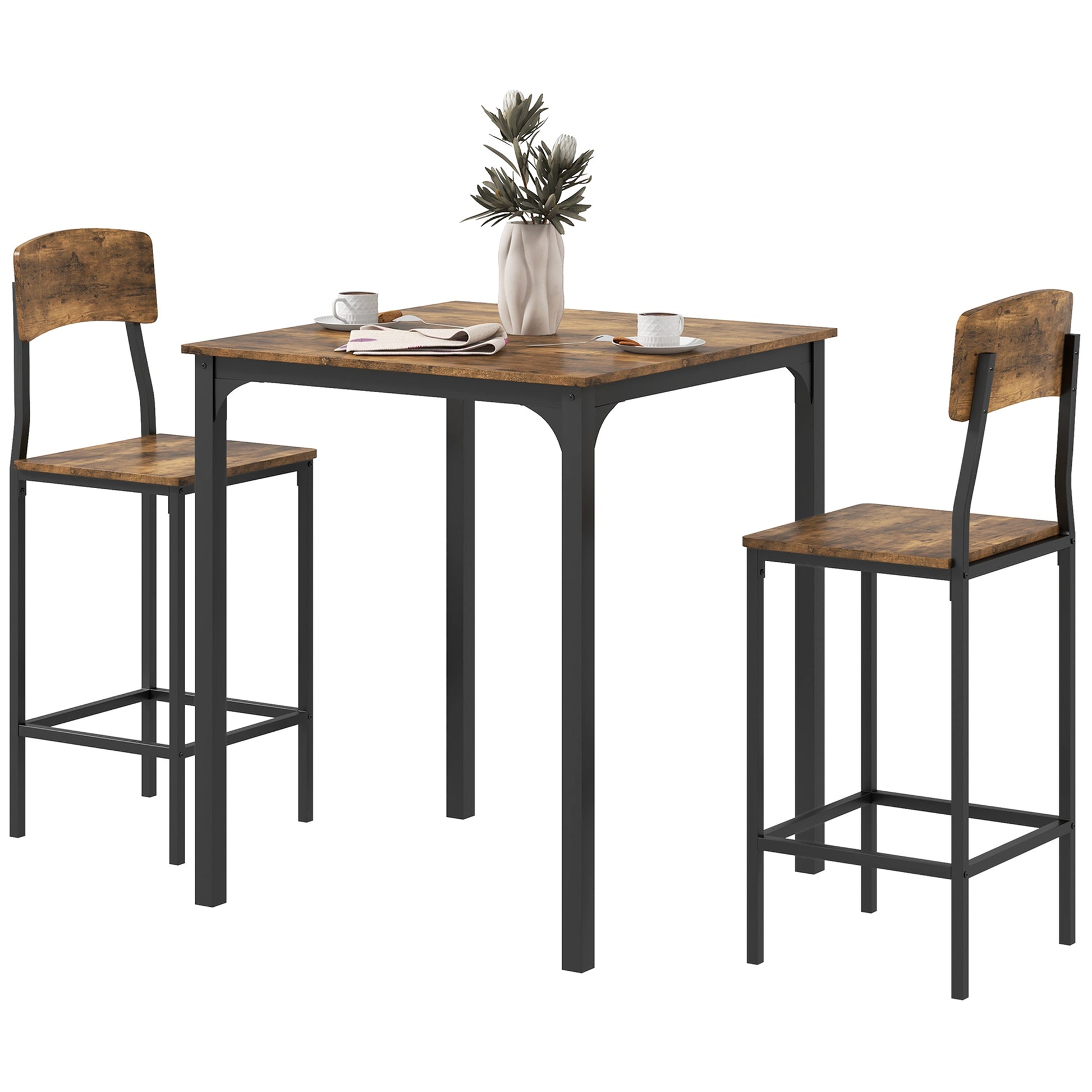 Homcom 3 Piece Counter Height Bar Table And Chairs Set, Industrial Small Dining Table Set For 2, Square Kitchen Table And Stools With Steel Frame, Rustic Brown And Black Brown Black Steel