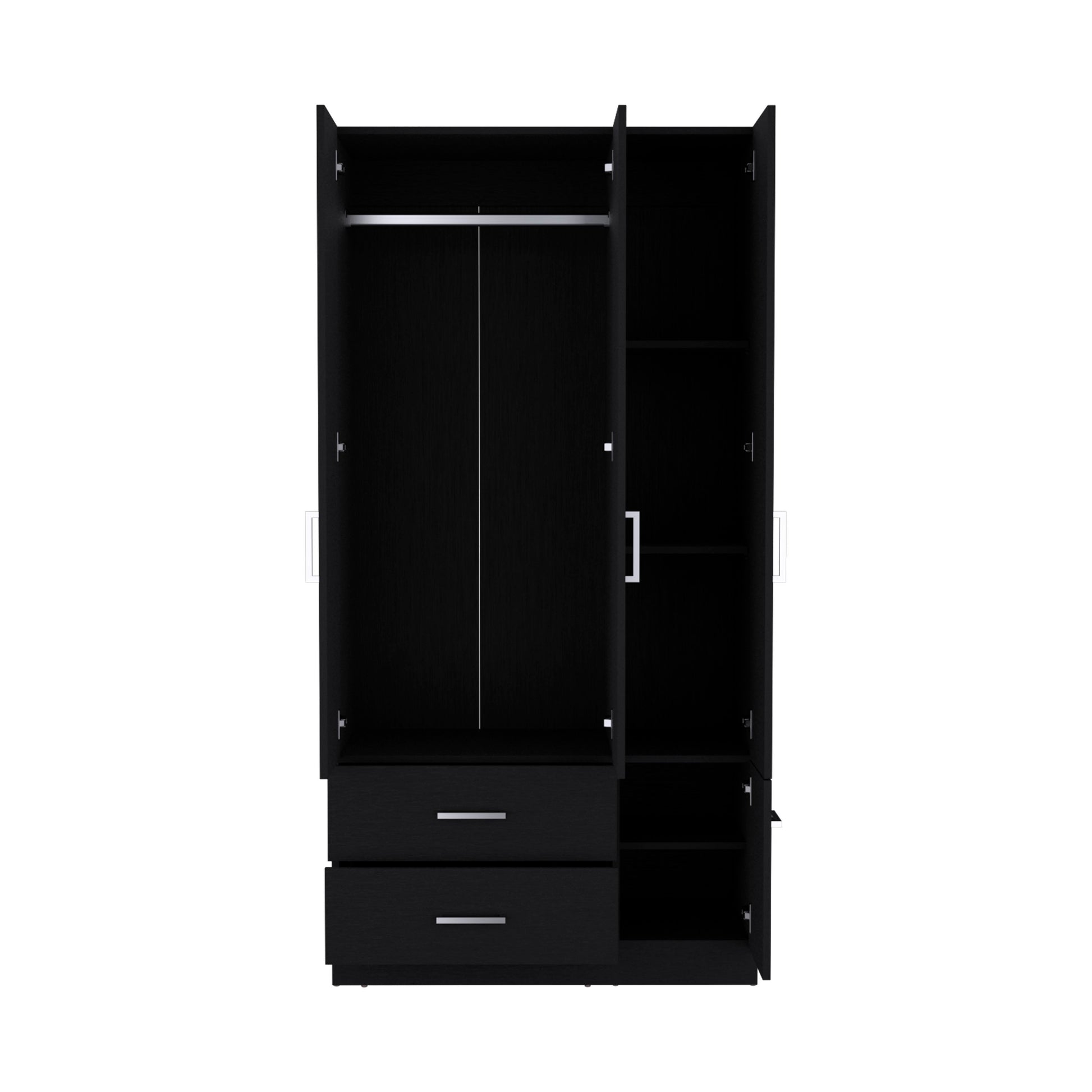 Armoire Wardrove 71", 4 Doors, Hanging Rod, 3 Cabinets, 6 Shelves, Black Black Solid Wood Mdf Engineered Wood