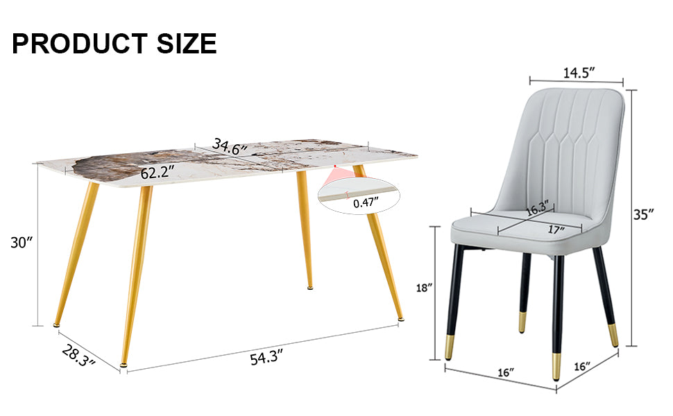 Table And Chair Set.Modern Minimalist Dining Table. White Imitation Marble Pattern Sintered Stone Desktop With Golden Metal Legs.Paried With 6 Comfortable Chairs With Pu Seats And Black Metal Legs.