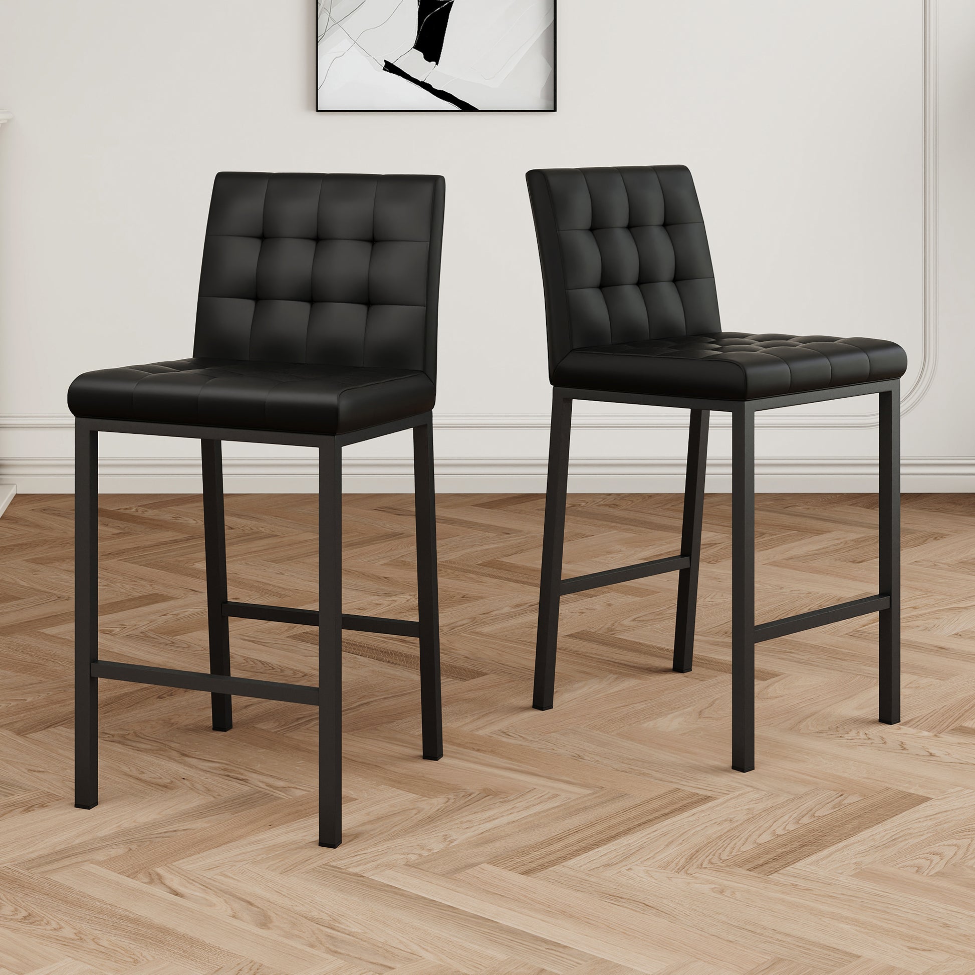 Modern Design High Stool Metal Legs Kitchen Restaurant Black Pu Bar Chair, Black Spray Painted Chair Legs, Suitable For Bar Cafe Restaurant Set Of 2 Metal Black Pu Pu