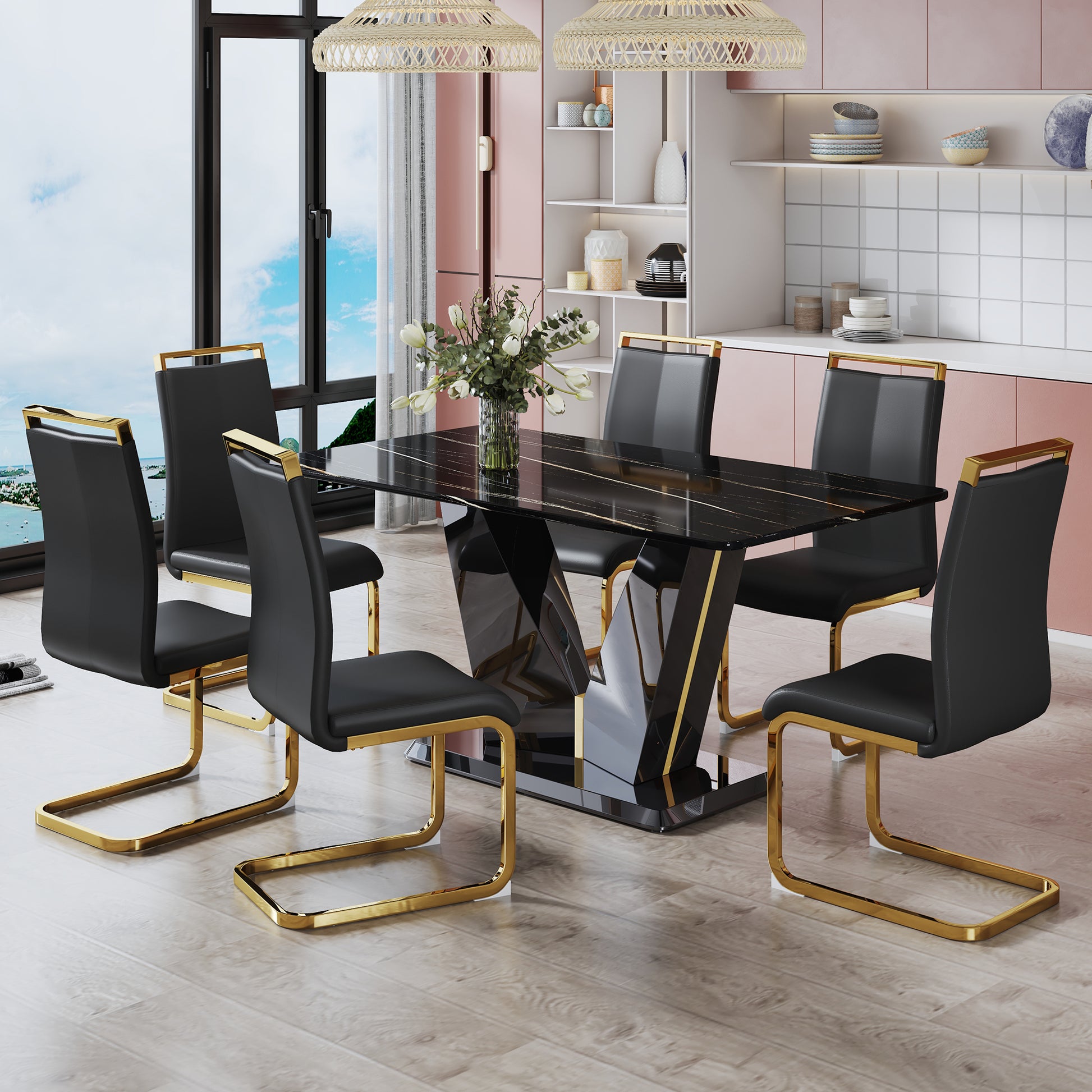 Table And Chair Set,Modern Minimalist Rectangular Dining Table, 0.4 Inch Thick, With A Black Imitation Marble Pattern Glass Desktop And Black Mdf Legs. Comfortable Pu Seats,Perfect For Dinner, Meet Black Seats 6 Mdf Glass