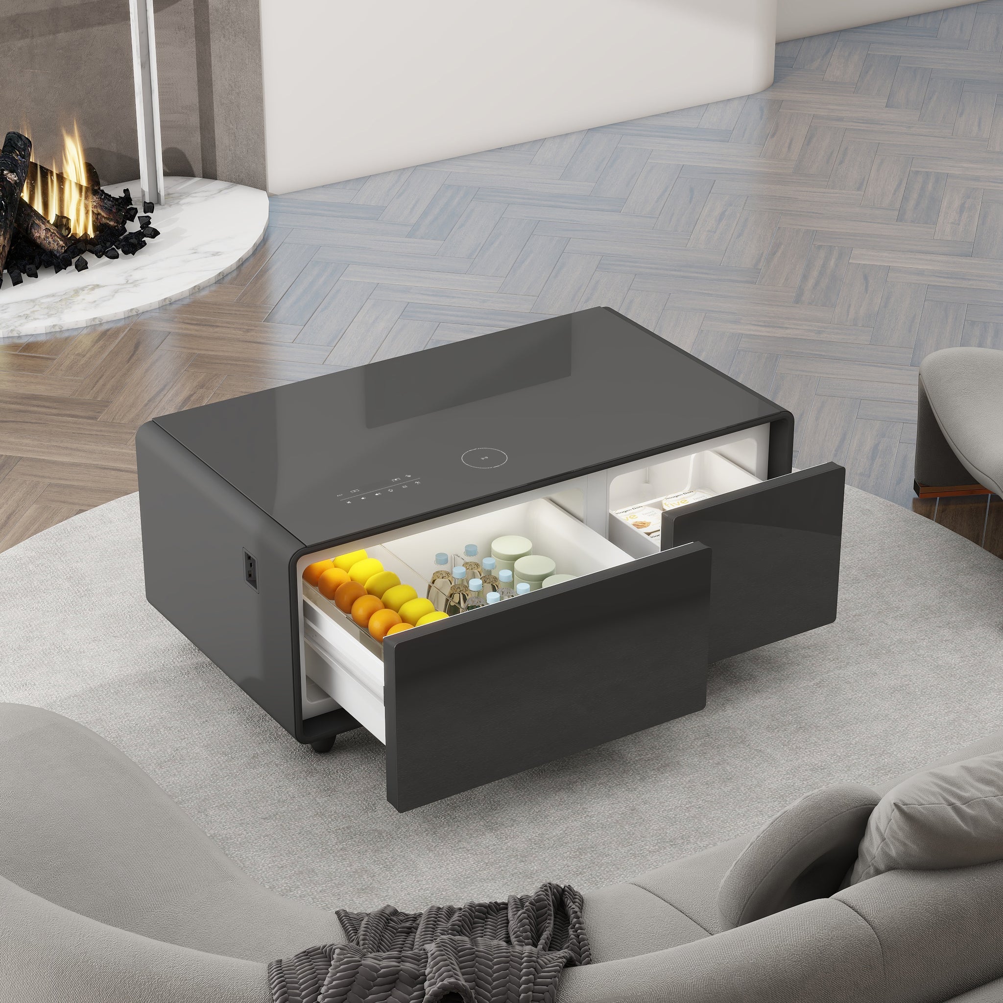 Party Time Modern Style Led Display Refrigerator Coffee Table In Black Color Black Built In Outlets Or Usb Primary Living Space Modern Freestanding Rectangular Drawers Coffee & End Tables Glossy