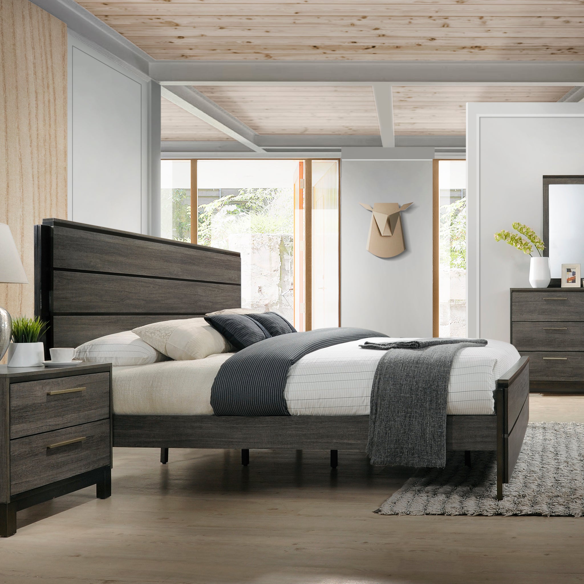 Ioana Antique Grey Finish Wood Bed Room Set, King Size Bed, Dresser, Mirror, Night Stand Box Spring Required King Gray Wood Gray 4 Piece Set Bedroom Bed Included,Dresser Included,Mirror Included,Nightstand Included Contemporary,Modern Rubberwood Low