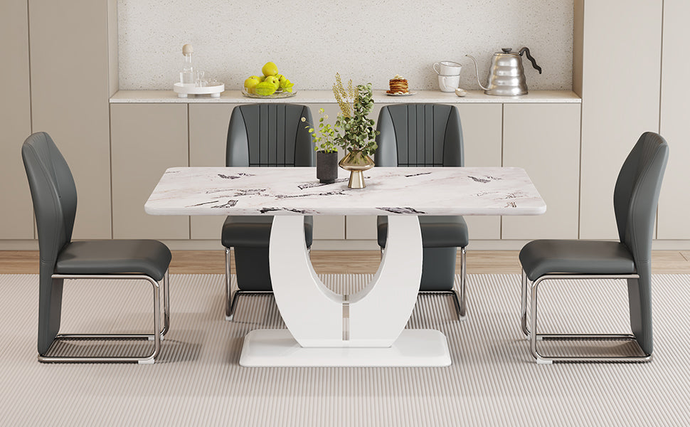 Table And Chair Set, Modern Luxurious White Imitation Marble Pattern Mdf Dining Table Rectangular Dining Table, Matched With Uniquely Shaped Pu High Backrest Seats,Suitable For Various Occasions. Grey White Seats 4 Mdf