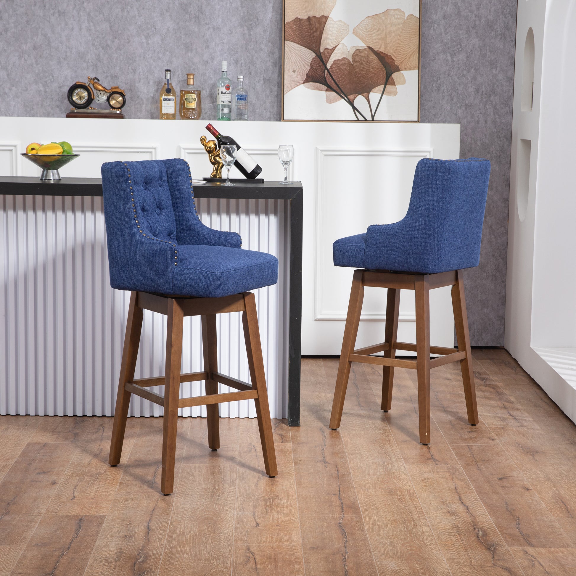 Coolmore Bar Stools Set Of 2 Counter Height Chairs With Footrest For Kitchen, Dining Room And 360 Degree Solid Wood Legs Swivel Bar Stools Set Of 2 Navy Linen Navy Foam Linen