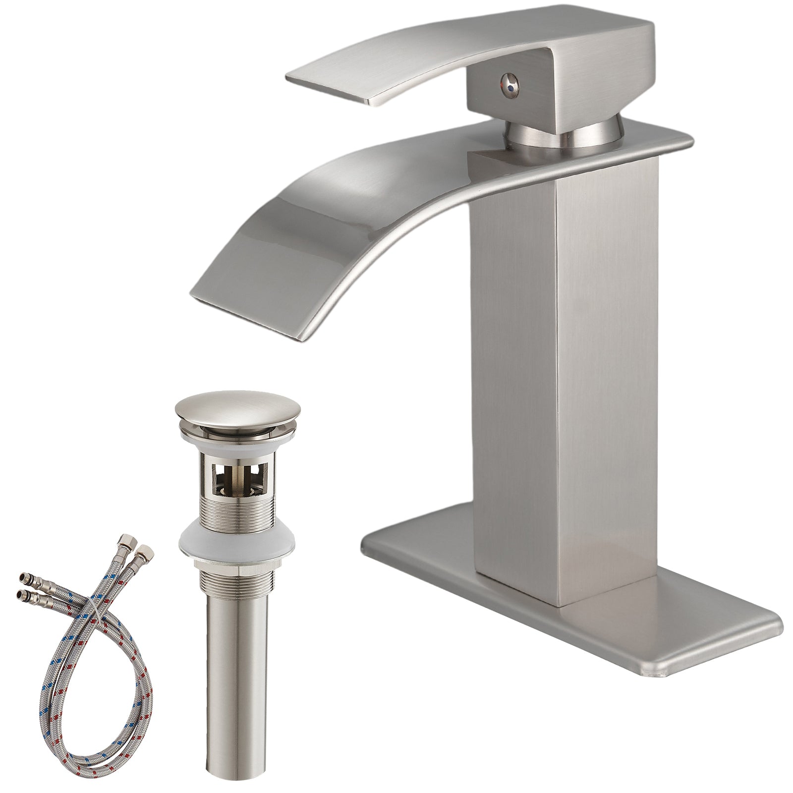 Brushed Nickel Waterfall Single Handle Low Arc Bathroom Faucet With Drain Brushed Nickel Brass