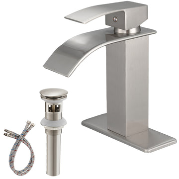 Brushed Nickel Waterfall Single Handle Low Arc Bathroom Faucet With Drain Brushed Nickel Brass