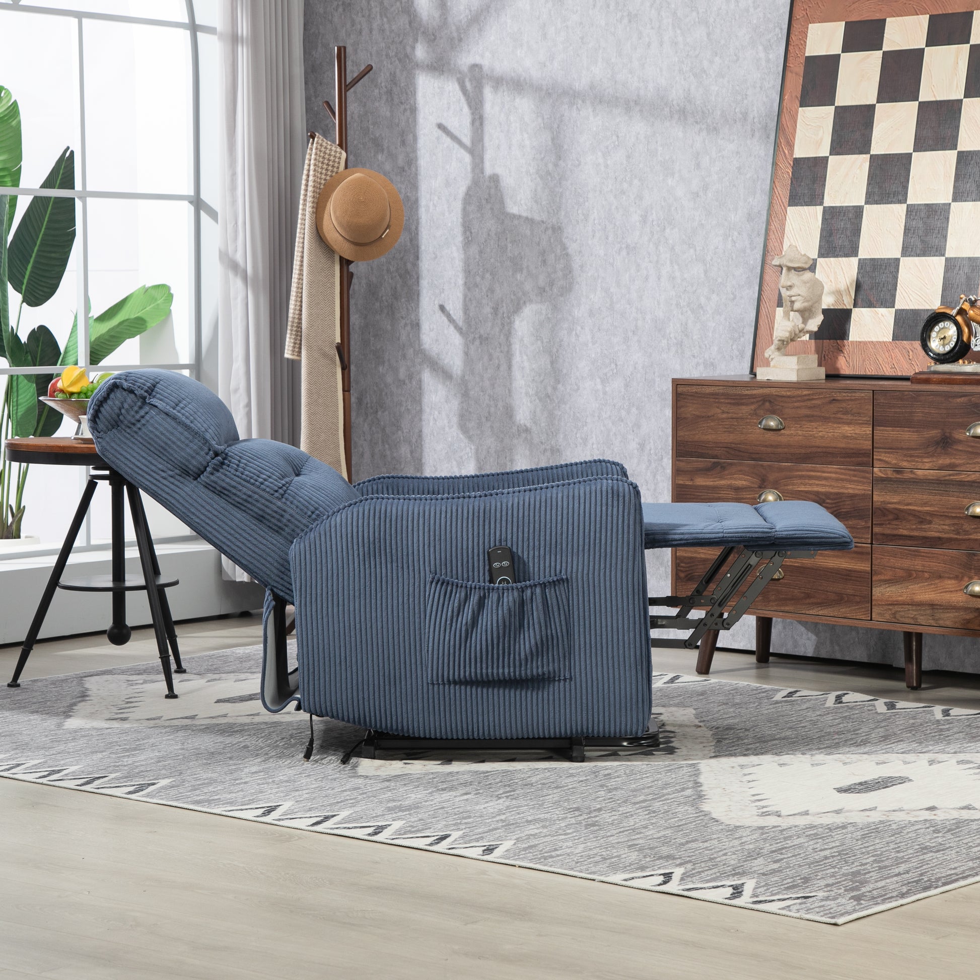 Coolmore Recliner Chair, Electric Recliner Chairs For Adults, Side Pocket Power Reclining Chair Pocket Springs Seat Cushion, Corduroy Fabric Recliner Sofa For Living Room, Bedroom, Home Theater Navy Navy Foam Corduroy