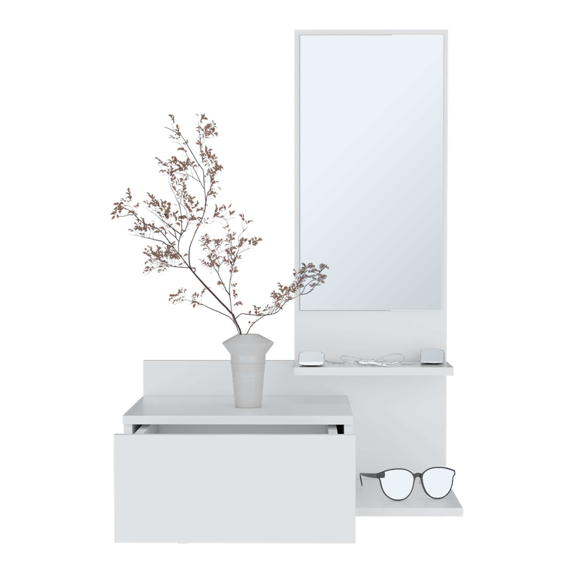 Vienna 23.6" Wide 3 Tier Shelf Floating Mirror Console Table, Full Extension Drawer White White Particle Board