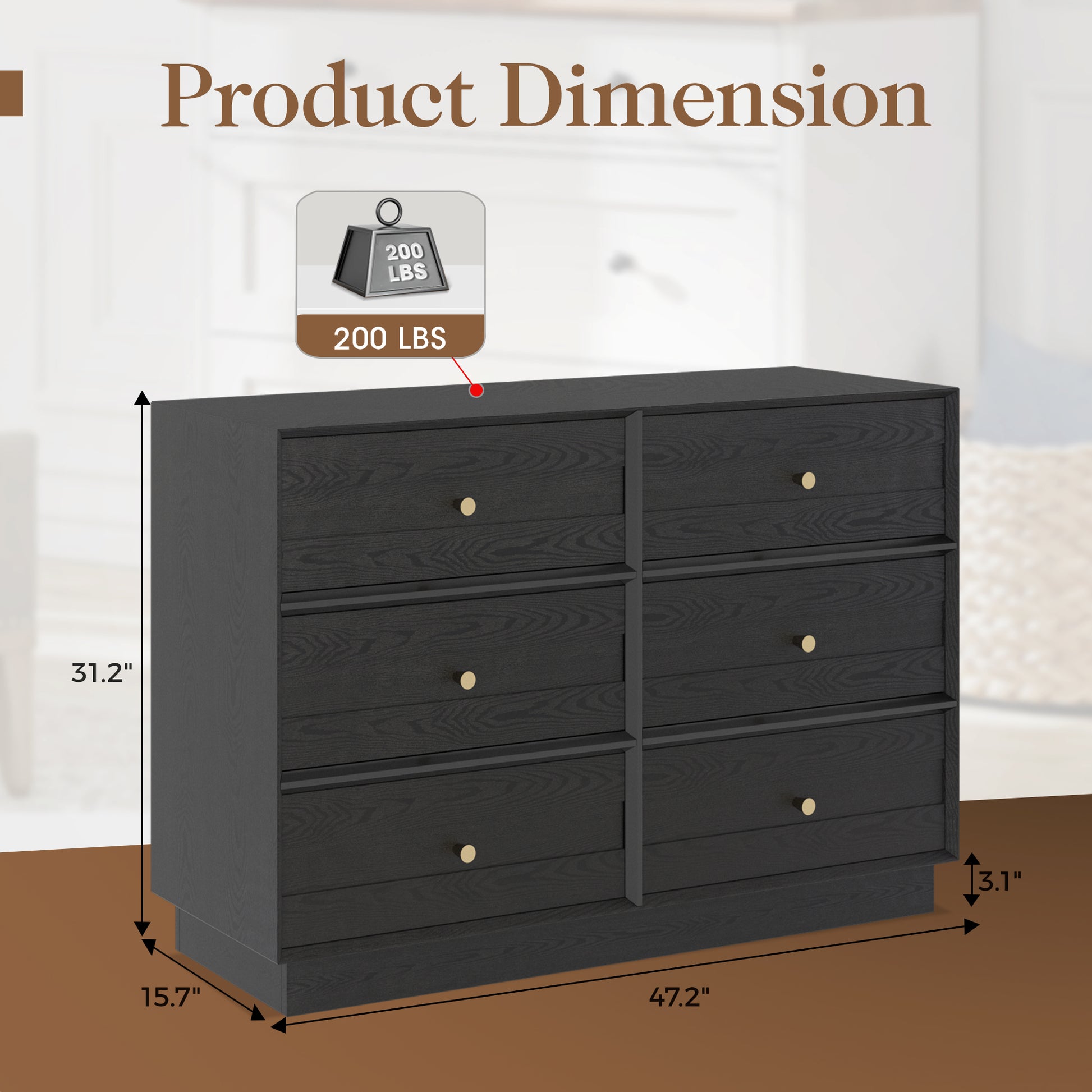 6 Drawer Dresser, Modern Closet Dressers Chest Of Drawers With Crystal Knobs & Decorative Painted Strip Black Black Wood