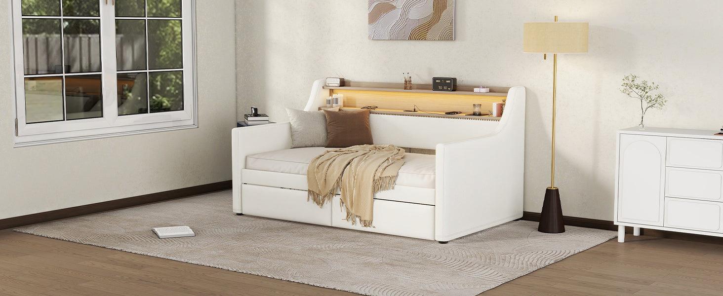 Twin Size Daybed With Drawers, Upholstered Daybed With Charging Station And Led Lights, White Old Item W1580S00021 Twin White Pu Leather