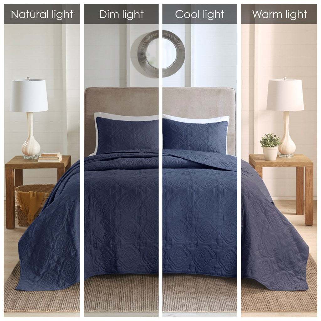 3 Piece Reversible Bedspread Set Navy King Cal King King Navy Polyester
