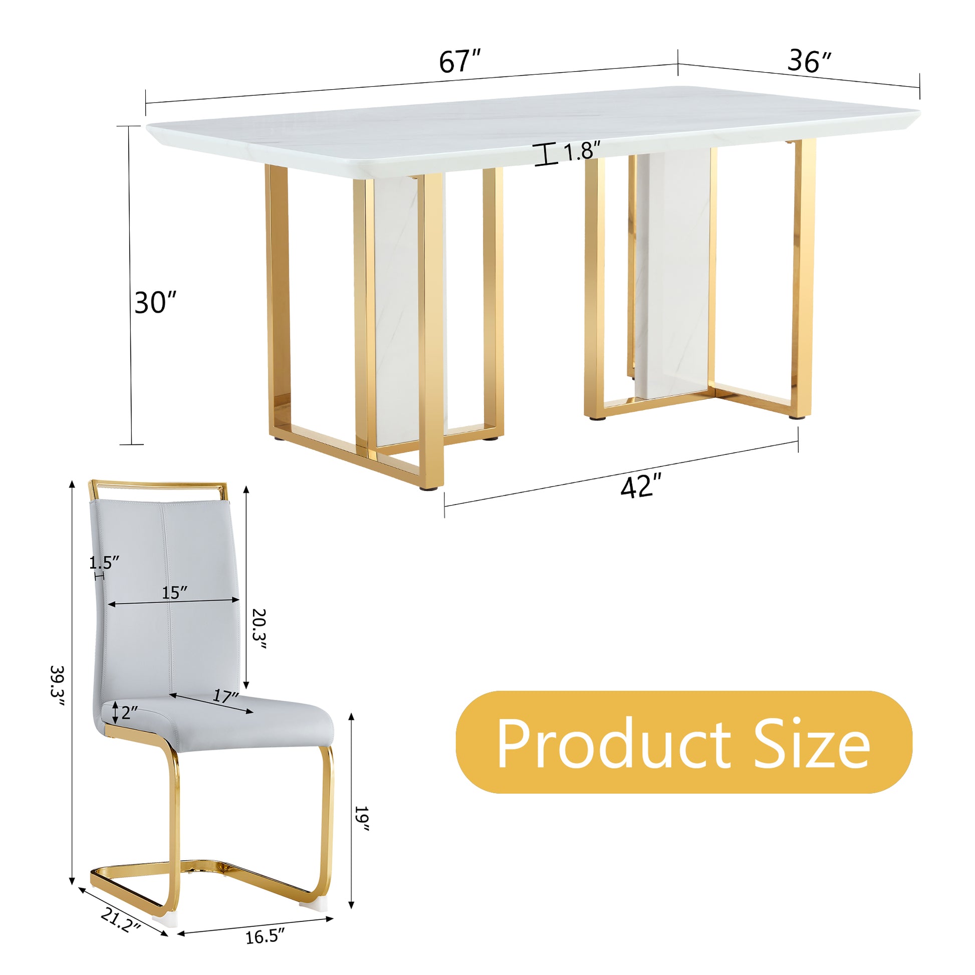 Table And Chair Set.67"X36" White Marble Pattern Mdf Dining Table Set With 6 Light Gray Pu Chairs.Mdf Sticker,White Marble Pattern Sticker,Gold C Tube Chair Legs,Suitable For Kitchen,Dining