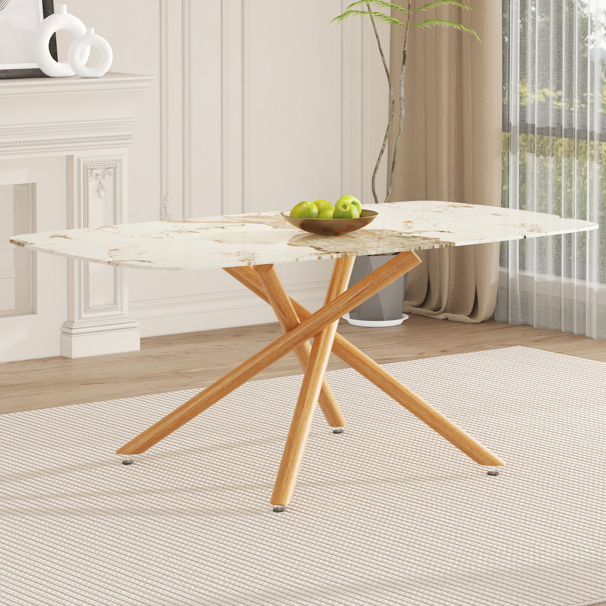 Large Modern Minimalist Rectangular Dining Table With 0.39 "Imitation Marble Top And Wood Colored Metal Legs, Suitable For Kitchen, Dining Room, Living Room, Meeting Room And Banquet Hall 1537 Wood Glass Metal