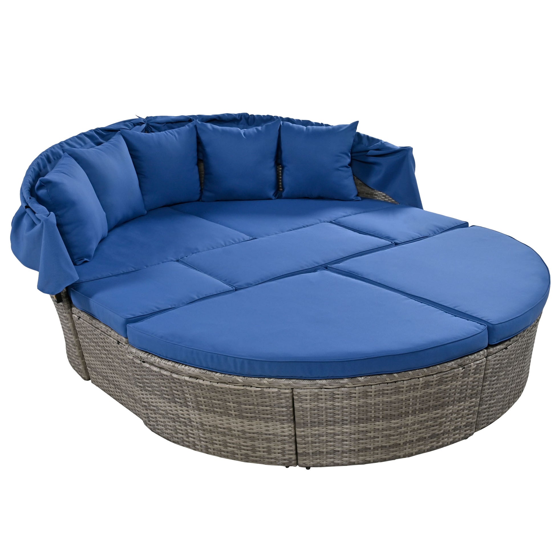 Outdoor Rattan Daybed Sunbed With Retractable Canopy Wicker Furniture, Round Outdoor Sectional Sofa Set, Gray Wicker Furniture Clamshell Seating With Washable Cushions, Backyard, Porch, Blue Yes Blue Seats 8 Garden & Outdoor Foam Wicker