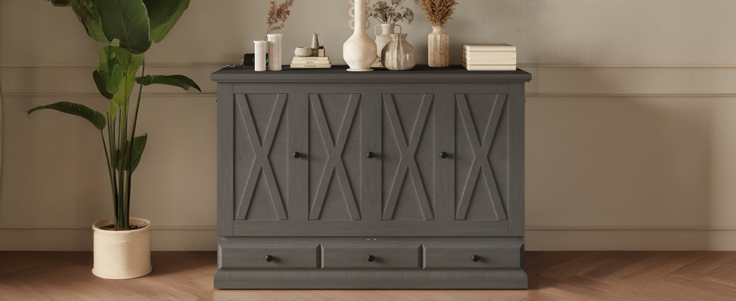 Solid Pine Murphy Bed Chest Cube Cabinet Bed With Charging Station And Large Storage Drawer For Home Office Or Small Room,Full,Gray Box Spring Not Required Full Gray Wood Gray Pine Murphy Solid Wood Mdf