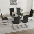 Table And Chair Set. Large Modern Rectangular Table With Glass Top And Silver Metal Legs. Furnished With Soft And Comfortable Pu Chairs With Faux Leather Upholstered Seats And Silver Metal Legs. Black Silver Seats 6 Glass Metal