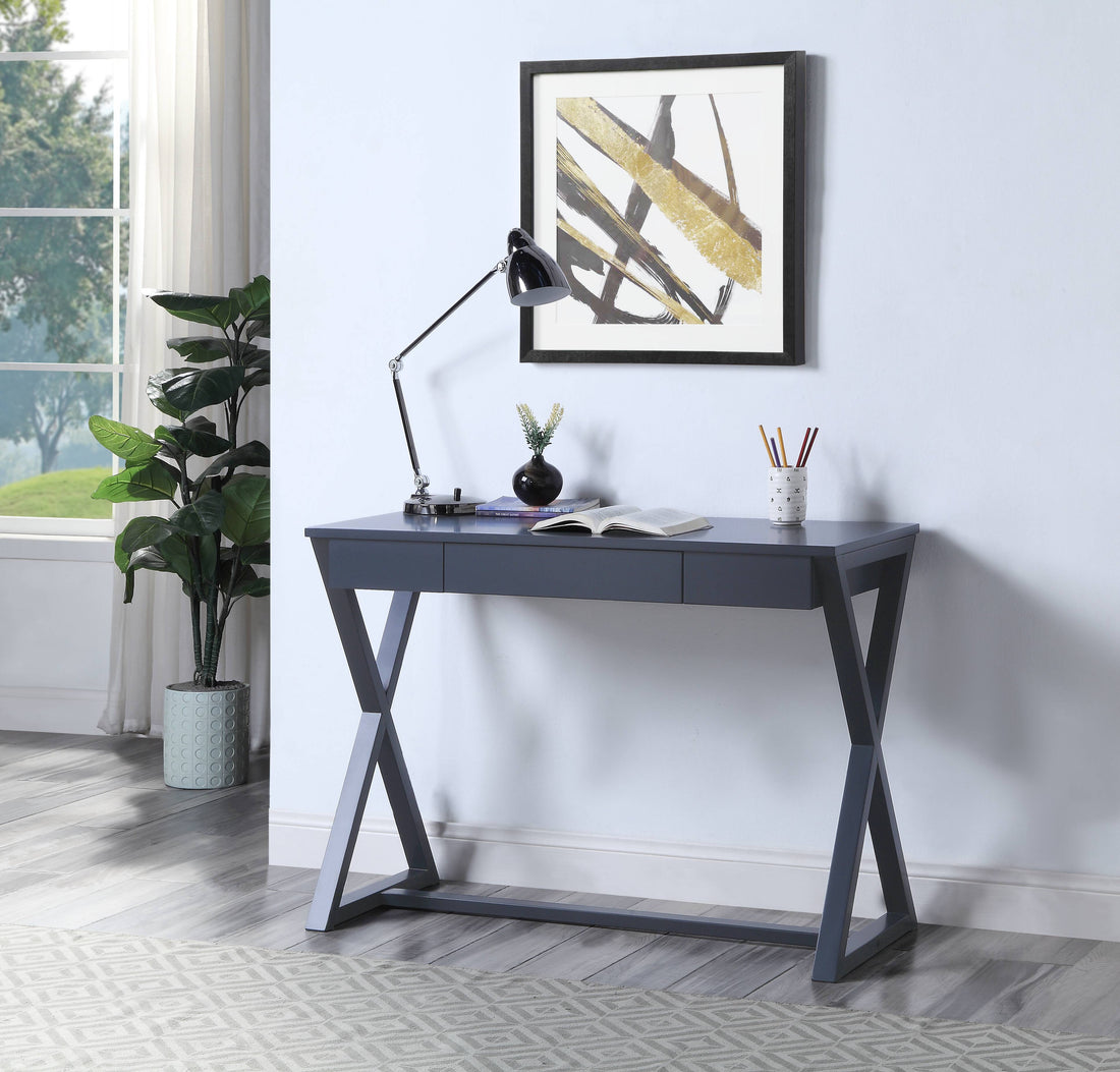 Charcoal 1 Drawer Writing Desk With X Shaped Base Charcoal Writting Desk Office Freestanding Poplar Rectangular Drawers Desk Wood Sled