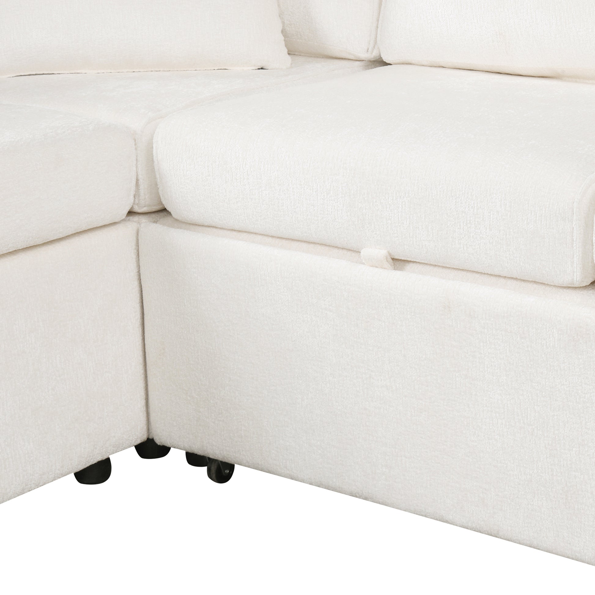 112.2" Sectional Sofa Pull Out Sofa Bed Sleeper With A Storage Ottoman,Three Pillows And Charging Devices For Living Room, Cream Cream Foam Chenille 6 Seat