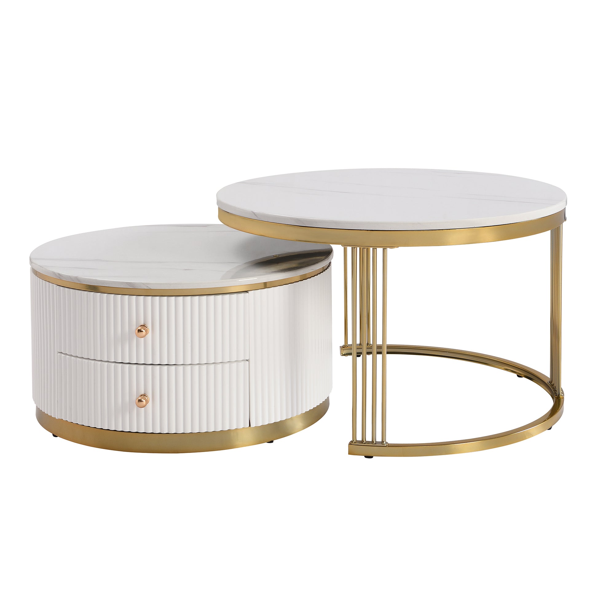 Modern 2 Pieces White Round Nesting Coffee Table With Drawers In 27.6'' Gold White Drawers Coffee & End Tables Glossy Round Metal Mdf Pedestal