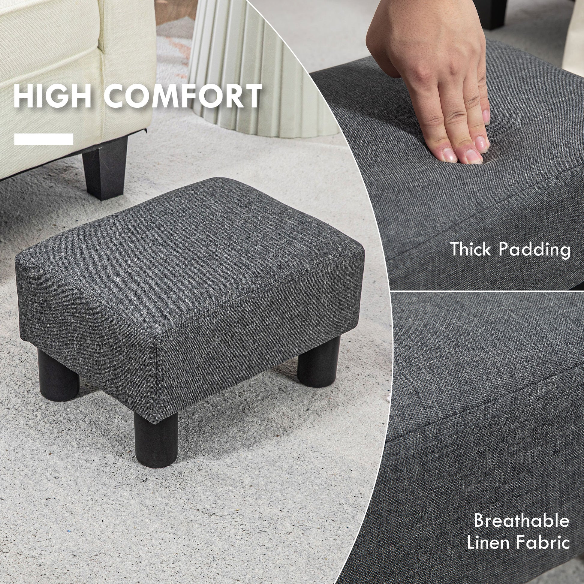 Homcom Ottoman Foot Rest, Small Foot Stool With Linen Fabric Upholstery And Plastic Legs, Cube Ottoman For Living Room, Charcoal Gray Gray Linen