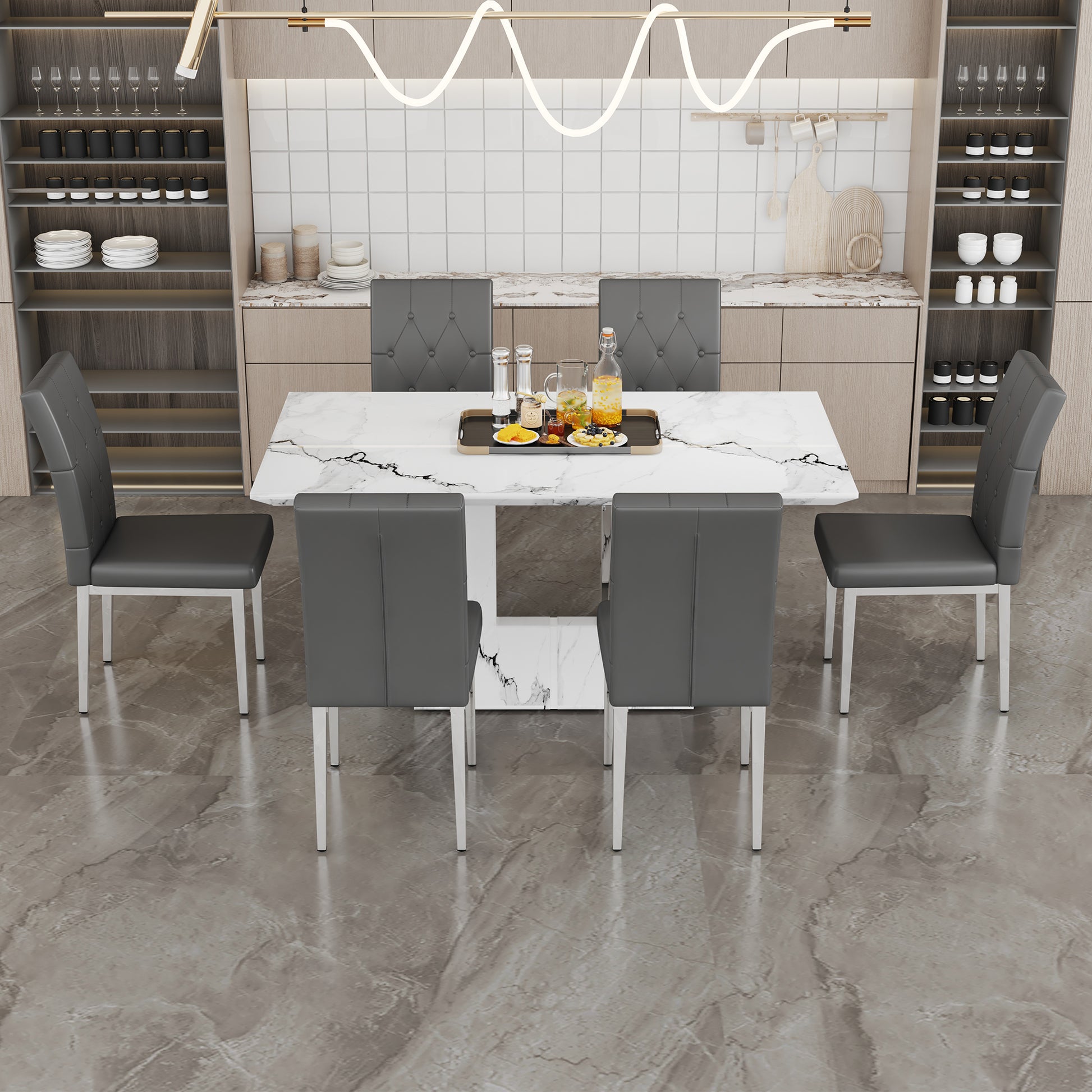 Table And Chair Set.63"X35.4" White Marble Patterned Mdf Dining Table Set With 6 Armless Dark Gray Pu Chairs.Showcasing A Modern And Stylish Look. Dark Gray,White Seats 6 Mdf Metal