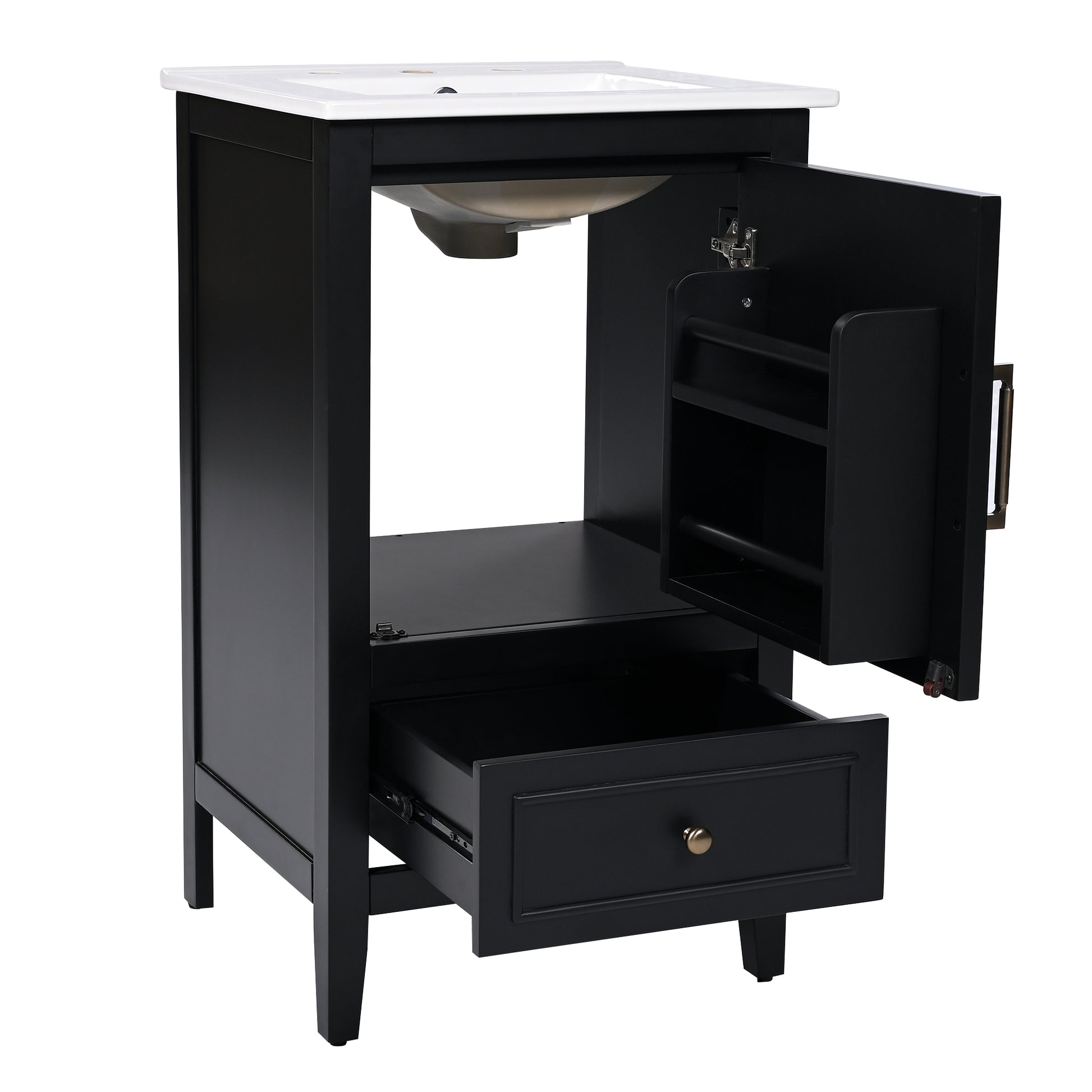 20" Bathroom Vanity With Sink, Bathroom Cabinet With A Door, Door Shelf Storage And Adiustable Foot Pads, A Drawer, Black Black Solid Wood Mdf