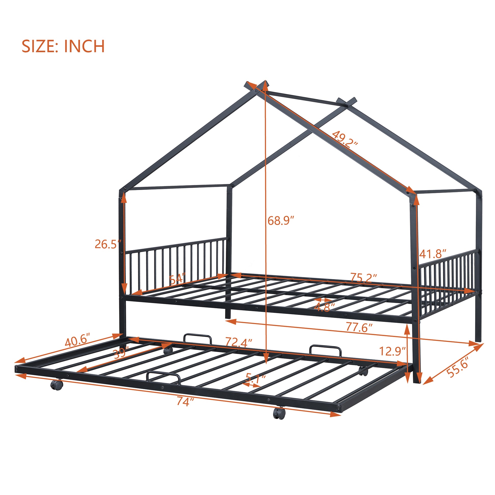 Full Size Metal House Bed With Twin Size Trundle, Black Full Black Metal