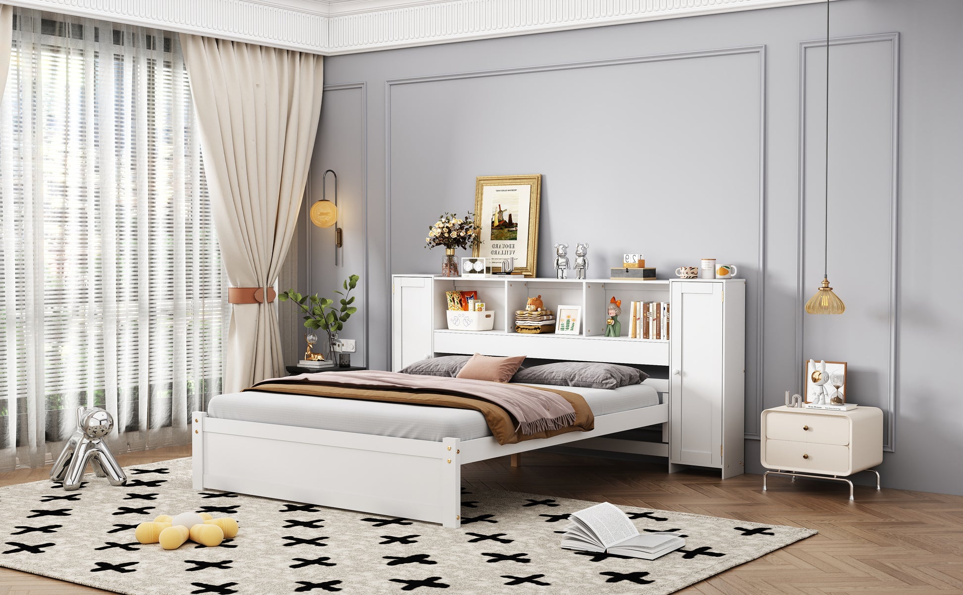 Full Size Platform Bed With Storage Headboard And Lockers, White Full Box Spring Not Required White Wood Bedroom Solid Wood Mdf