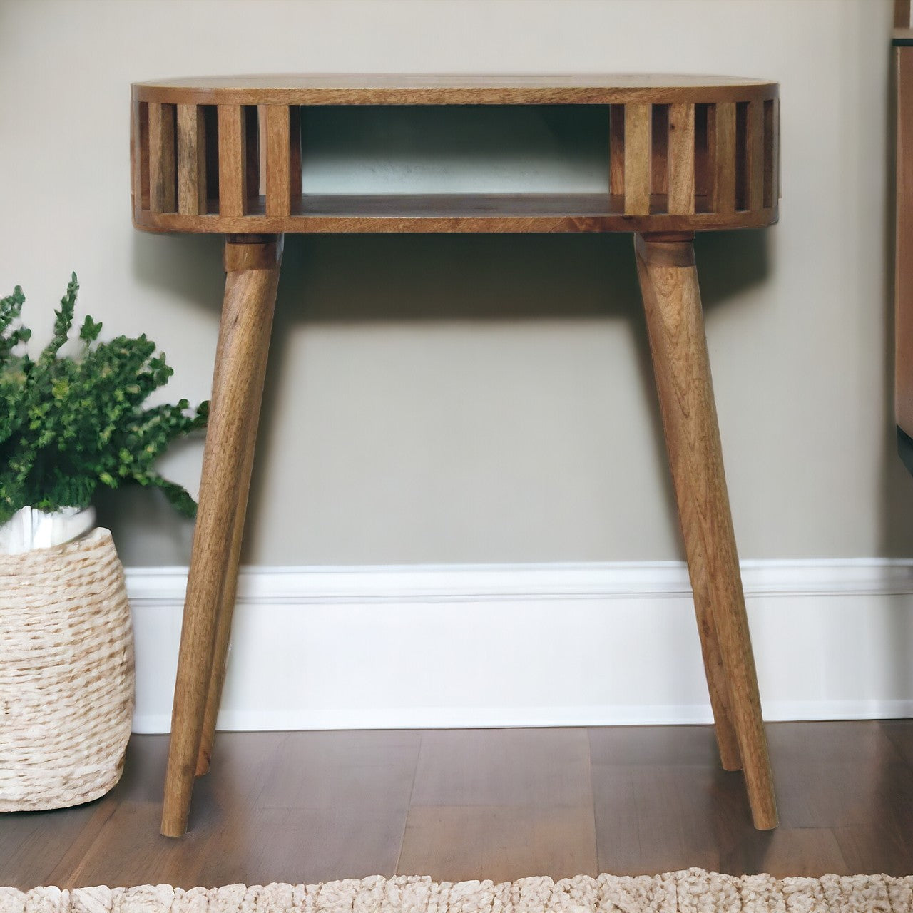 Solid Wood Ariella Console Table Light Oak Light Brown Primary Living Space Modern Freestanding Mango Round Wood Solid Wood